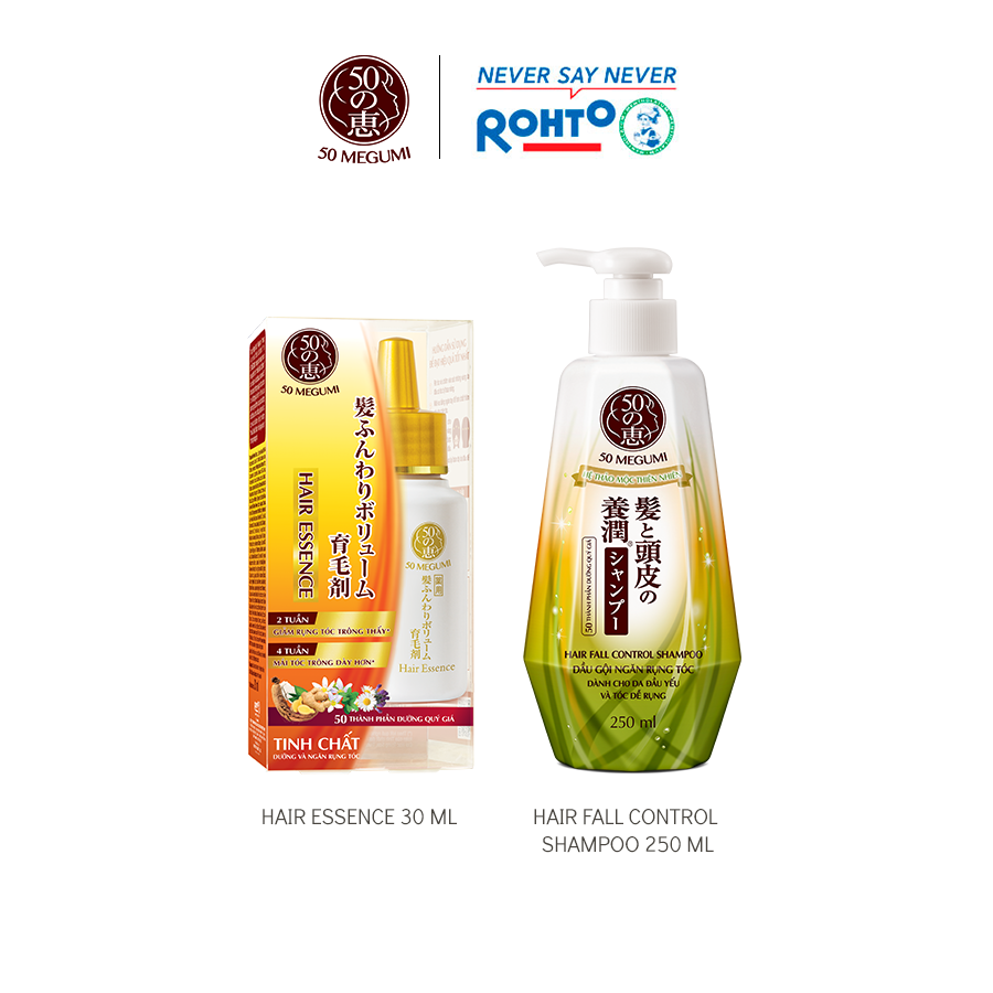 Combo 01 Tinh chất dưỡng và ngăn rụng tóc 50 Megumi Hair Essence 30 ml + 01 dầu gội ngăn rụng tóc 50 Megumi Hair Fall Control Shampoo 250 ml