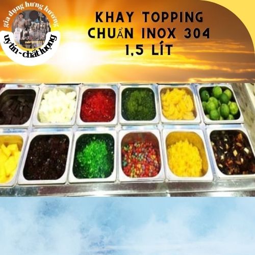 Khay inox 1/6 vuông 1,5 lít có nắp đậy cao 10cm chuyên đựng thạch topping cho quầy bar chuyên dụng cụ pha chế trà sữa bartender