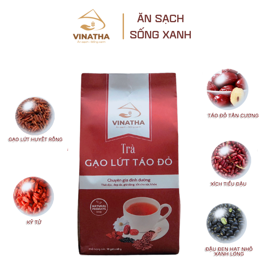 Trà Gạo Lứt Táo Đỏ Vinatha, Tiêu Mỡ, Thanh Nhiệt Giải Độc, 10 Gói Nhỏ 60gr