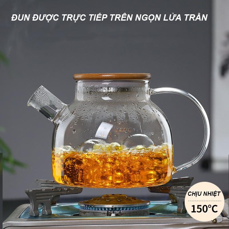 Bình trà, Bình đựng nước thủy tinh Nắp gỗ, Ấm pha trà, Bình pha trà Thuỷ tinh chịu nhiệt có Lưới lọc lò xo