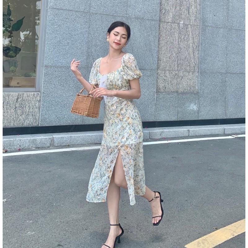 Đầm voan hoa thêu nhún ngực, xẻ tà, dáng xoè - AUDREY STUDIO