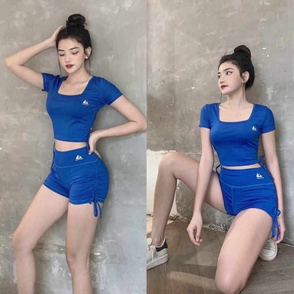 Đồ tập gym nữ bộ tập gym yoga erobic nữ áo cổ vuông quần sooc rút dây chất liệu co giãn 4 chiều thấm hút tốt