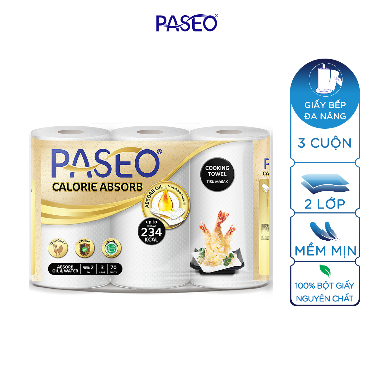 Combo 2 lốc giấy bếp đa năng cao cấp Paseo Calorie Absorb lau dầu mỡ, thấm hút nhanh (3 cuộn 2 lớp)/lốc