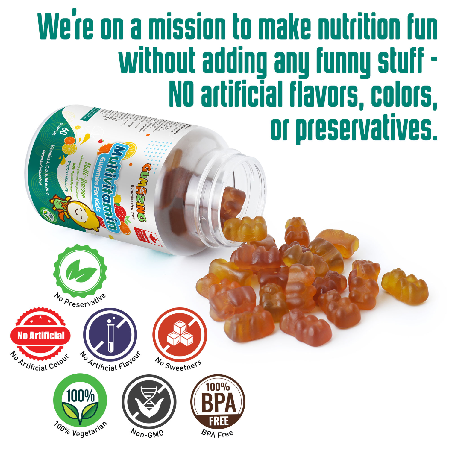 Kẹo dẻo dinh dưỡng Gumazing Gummy Multivitamin hương trái cây cho bé, cung cấp Vitamin A, C, D, E, B & Kẽm, giúp củng cố hệ thống miễn dịch dành cho bé - 60 viên/hủ
