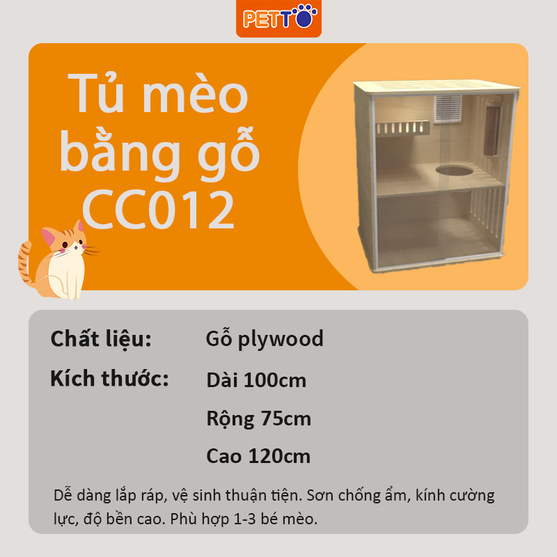 Tủ nuôi mèo bằng gỗ nhà mèo 2 tầng kết hợp hệ thống ĐÈN LED cao cấp, hiện đại CC012