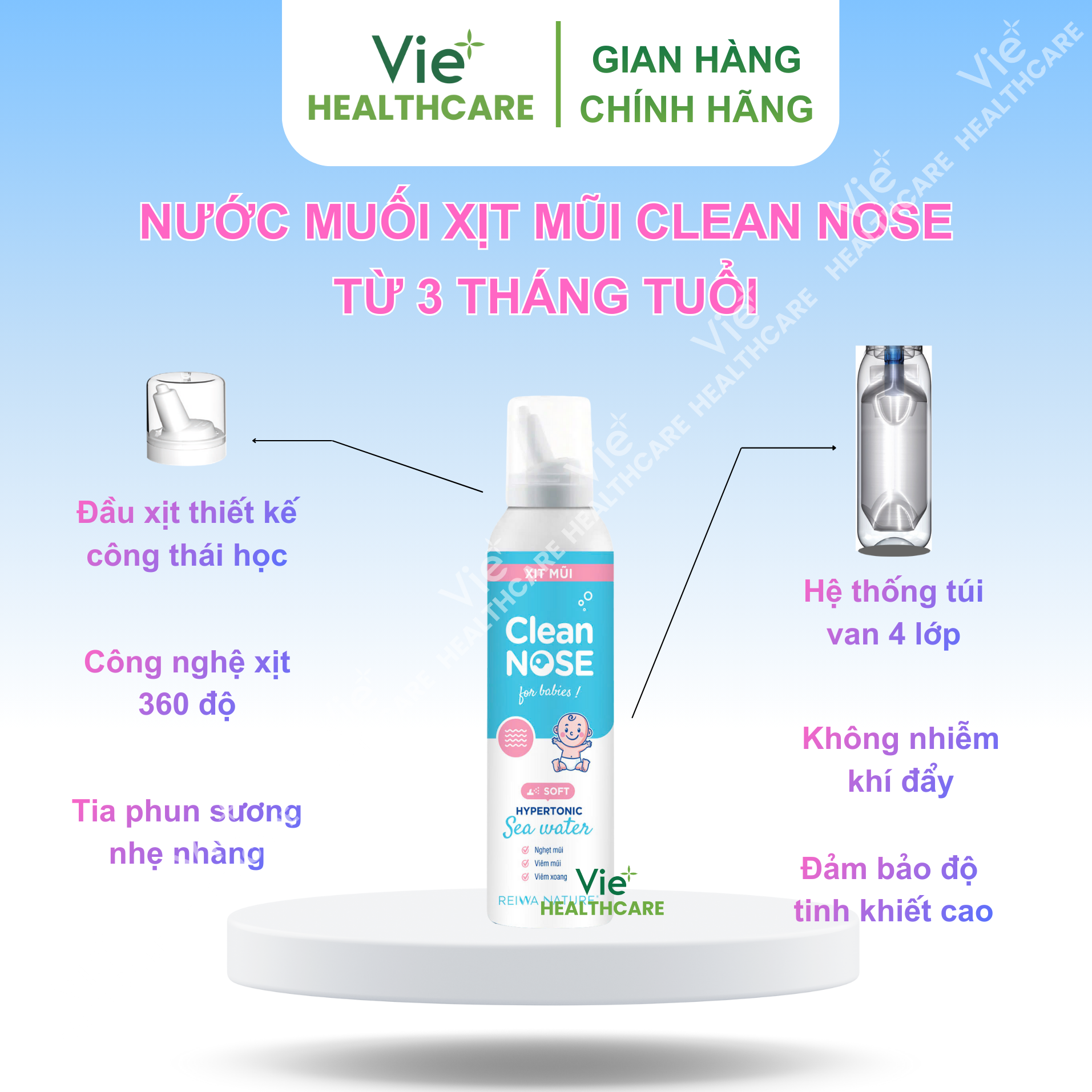 Dung dịch xịt mũi Clean NOSE® hỗ trợ giảm viêm mũi, nghẹt mũi, viêm xoang cho trẻ sơ sinh từ 3 tháng tuổi và người lớn