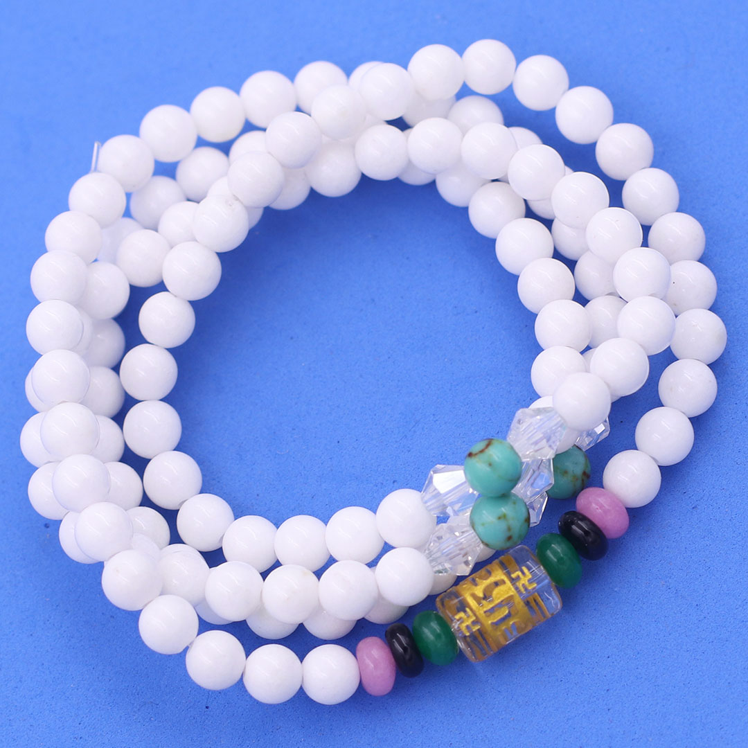 Vòng chuỗi 108 hạt san hô trắng charm lục tự chân ngôn - hạt 8 ly , vòng chuỗi niệm Phật, vòng chuỗi đeo tay