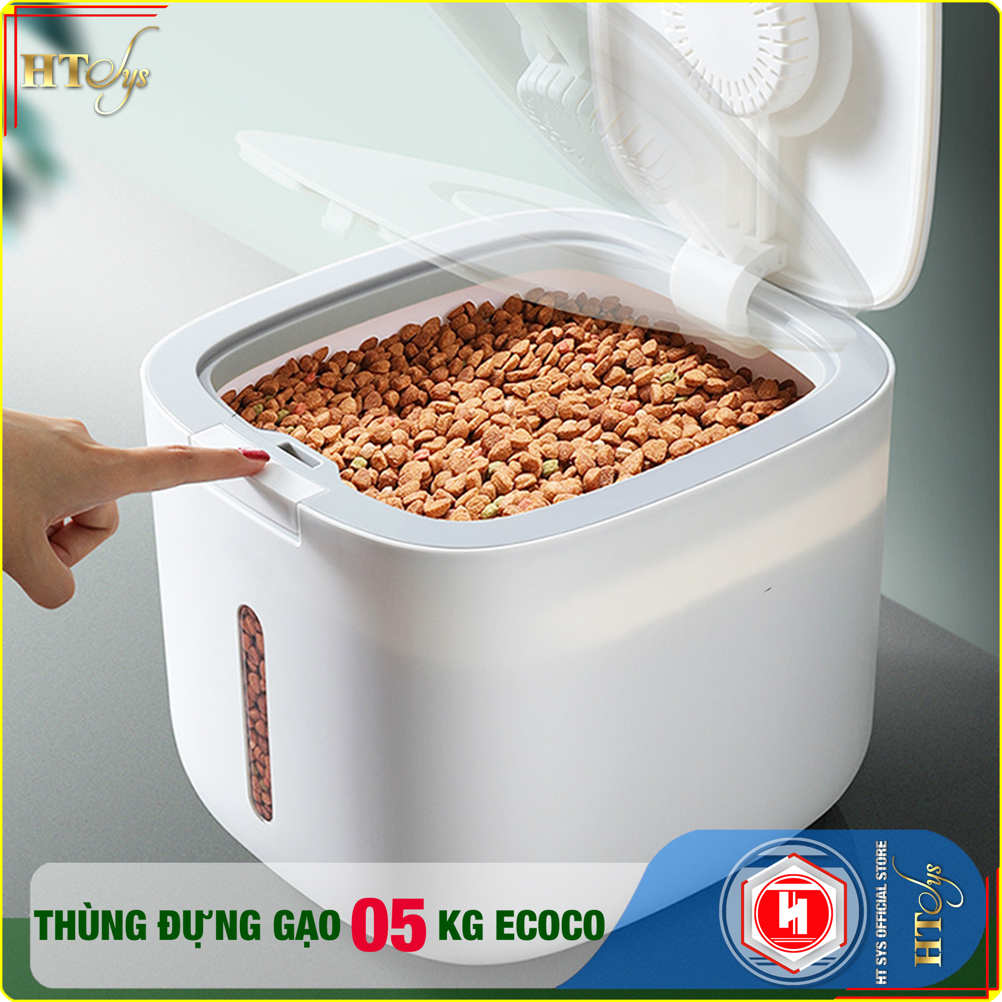 Thùng đựng gạo ECOCO-5KG-E2029-Thiết kế dạng nhấn nút-Chống kiến, chống ẩm, chống mọt-Chất liệu ABS cao cấp + 01 Sét móc vàng tài lộc + 04 Khăn Lau - [ Hàng Nhập Khẩu ]