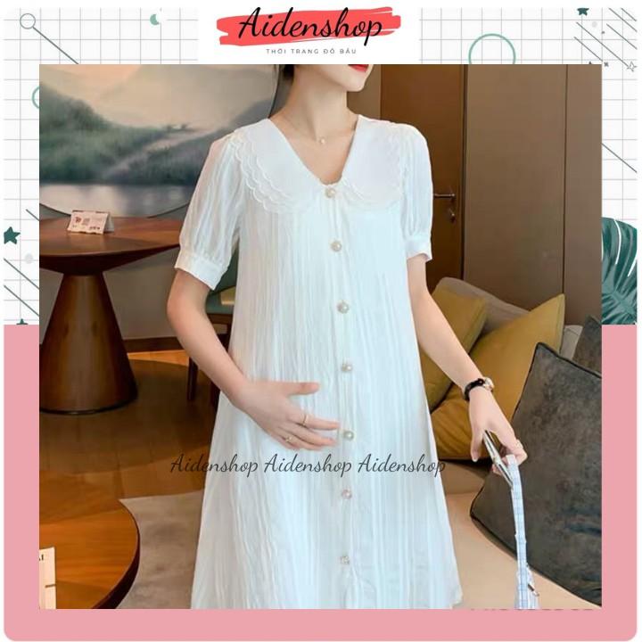 Váy bầu thời trang thiết kế dáng suông sau sinh màu trắng chất thô hàn size 45-67kg