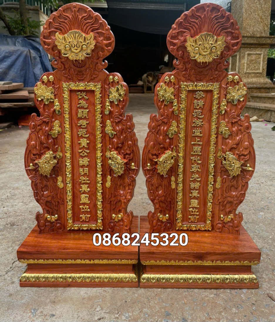 Bài vị đồ thờ cúng gia tiên bằng gỗ hương đá kt 68×30×19cm sơn pu dát vàng cao cấp
