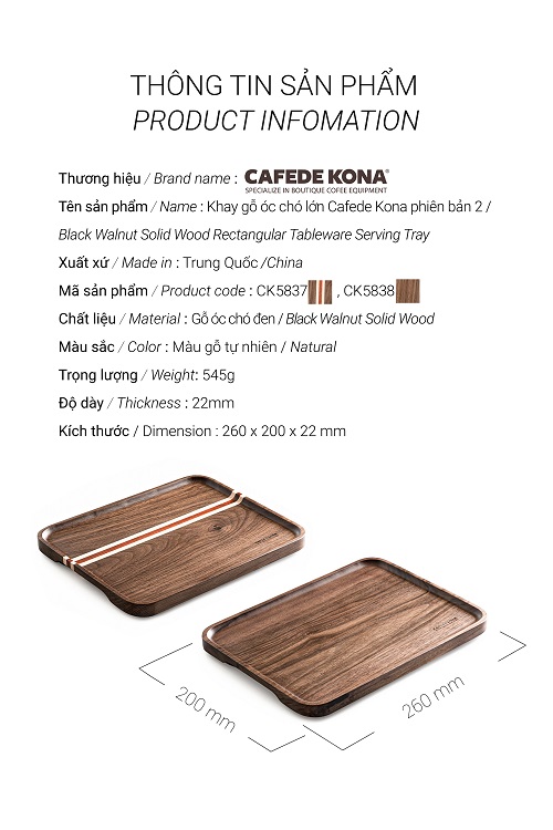 Khay gỗ óc chó lớn hiệu CAFE DE KONA