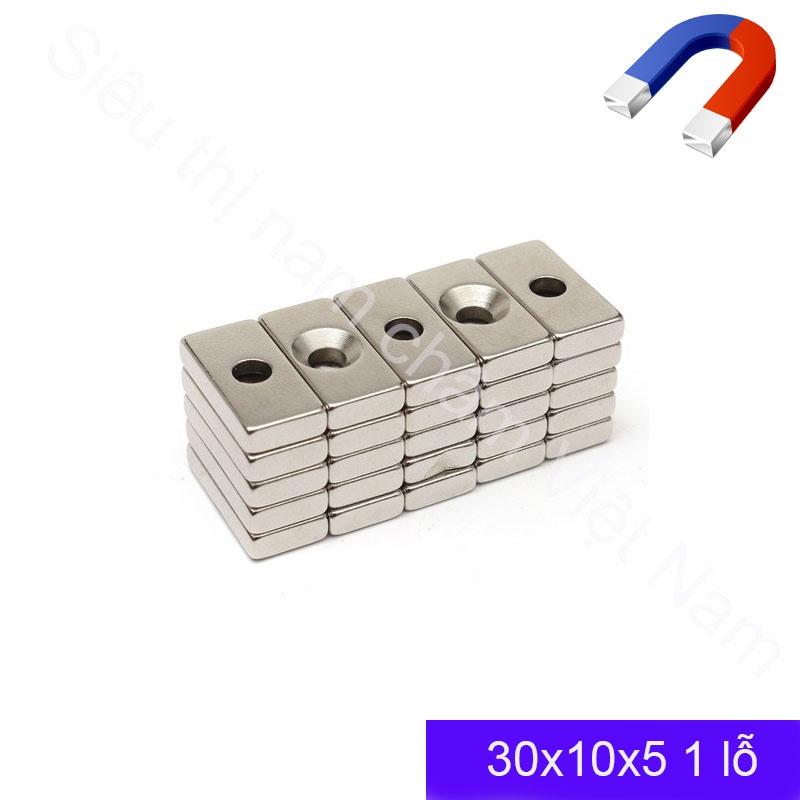 Nam châm trắng kích thước 30x10x5 1 lỗ vát set 5 viên, nam châm đất hiếm siêu cường