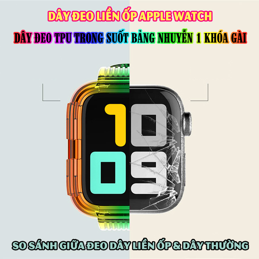 Dây Đeo liền ốp dành cho Apple Watch 7/6/5/4/3/2/1 size 38/40/41/42/44/45mm TPU trong suốt bản nhuyễn 1 khóa gài - Cầu Vồng