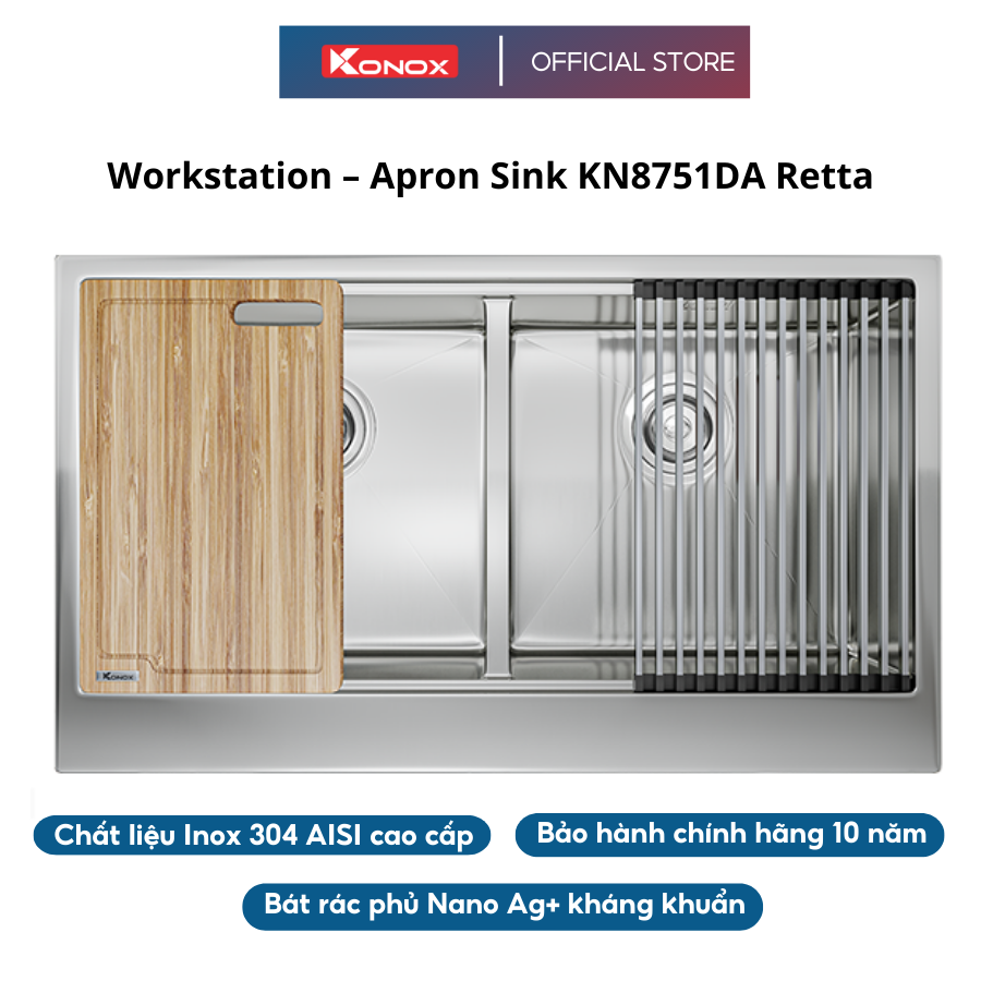 Chậu rửa bát inox 1 hố KONOX Workstation Sink – Apron Sink KN8751DA Retta