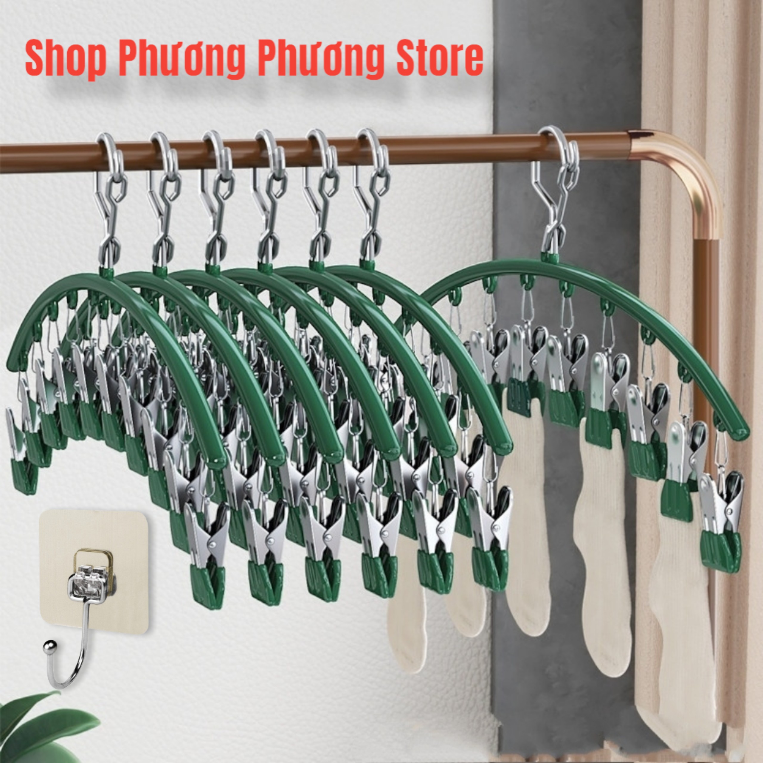 Móc phơi quần áo inox có khóa móc treo chắc chắn - 10 kẹp được phủ nhựa chống sầy xước khi phơi đồ Hàng Cao Cấp