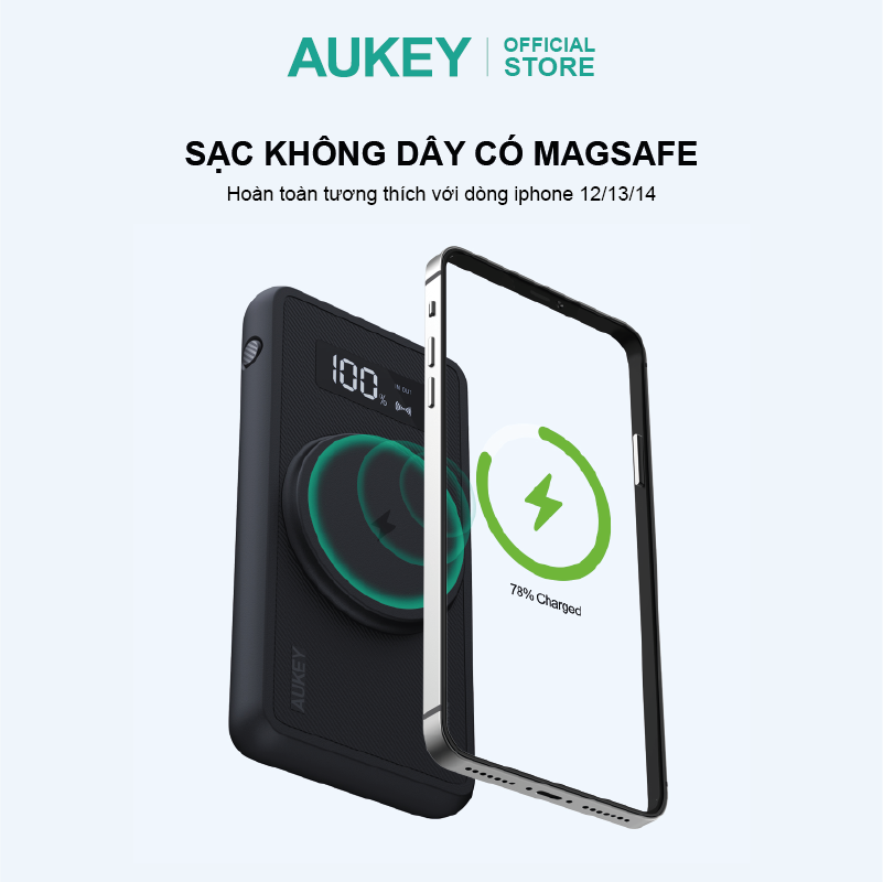 Pin dự phòng 10000mAh sạc nhanh 22.5W và sạc không dây 15W Aukey PB-WL01i, hàng chính hãng