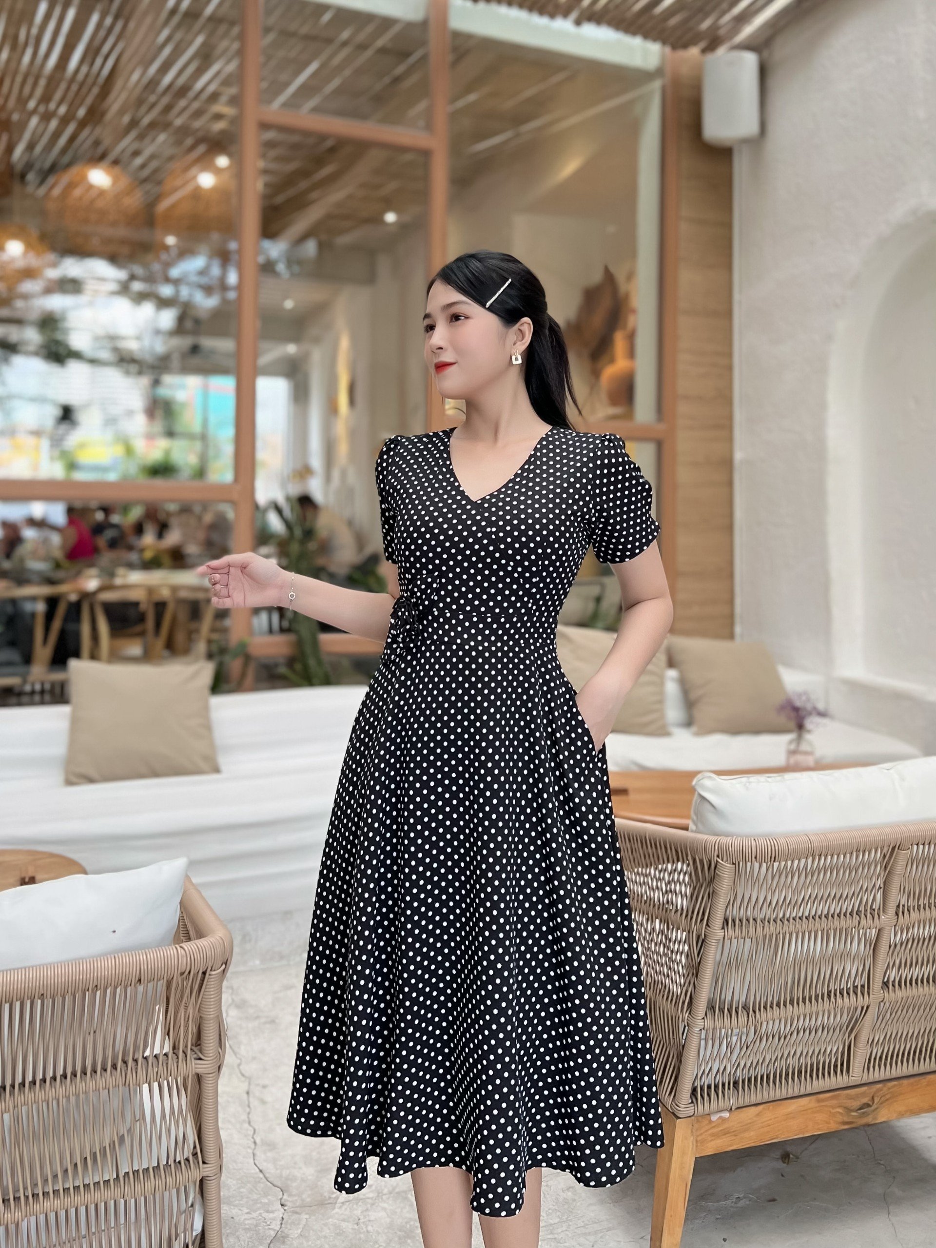 ĐẦM XÒE PHỐI HỌA TIẾT CHẤM BI CAO CẤP