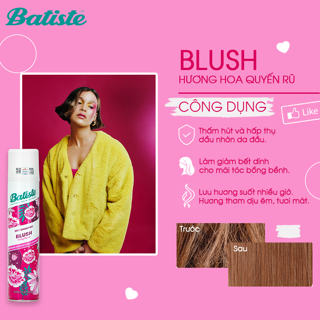 Dầu Gội Khô Batiste Hương Hoa Quyến Rũ - Batiste Dry Shampoo Floral &amp; Flirty Blush 200ml