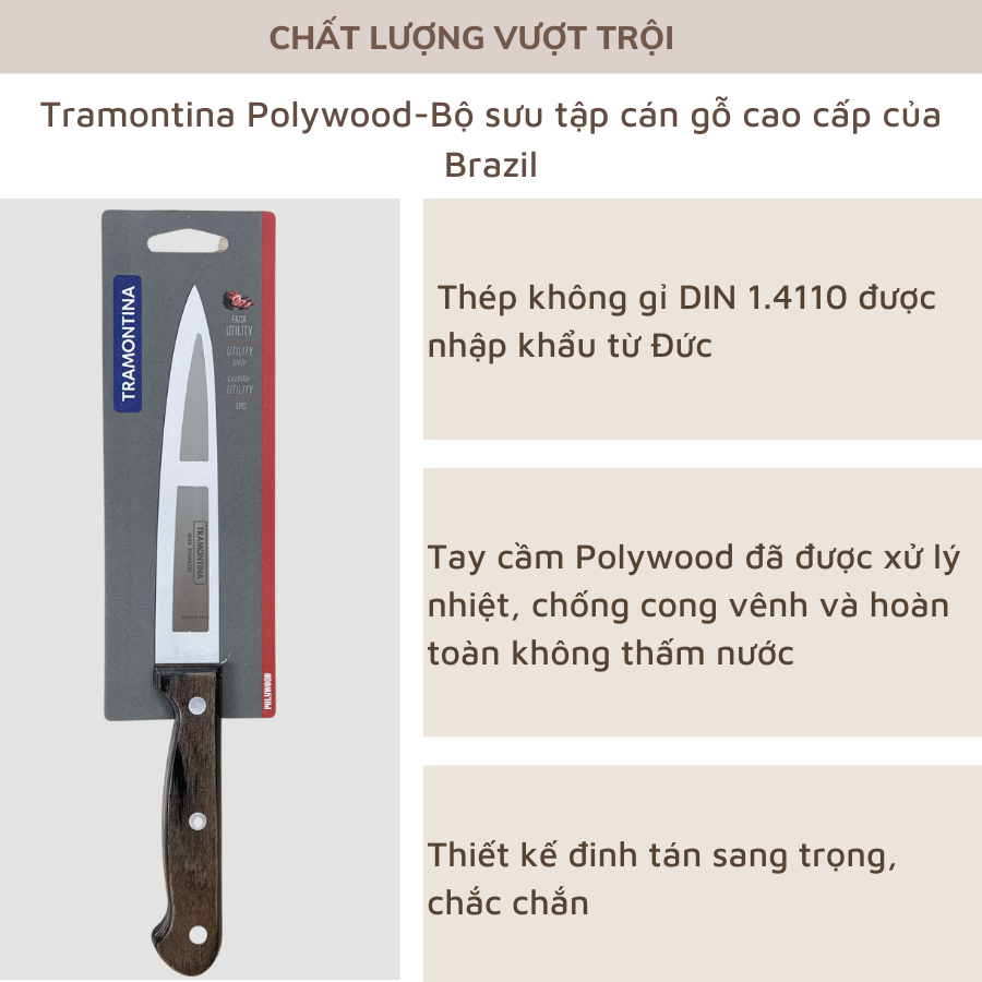 Dao Bếp Tramontina Cán Gỗ Polywood 15cm Lưỡi Thép Không Gỉ Nhập Khẩu Brazil