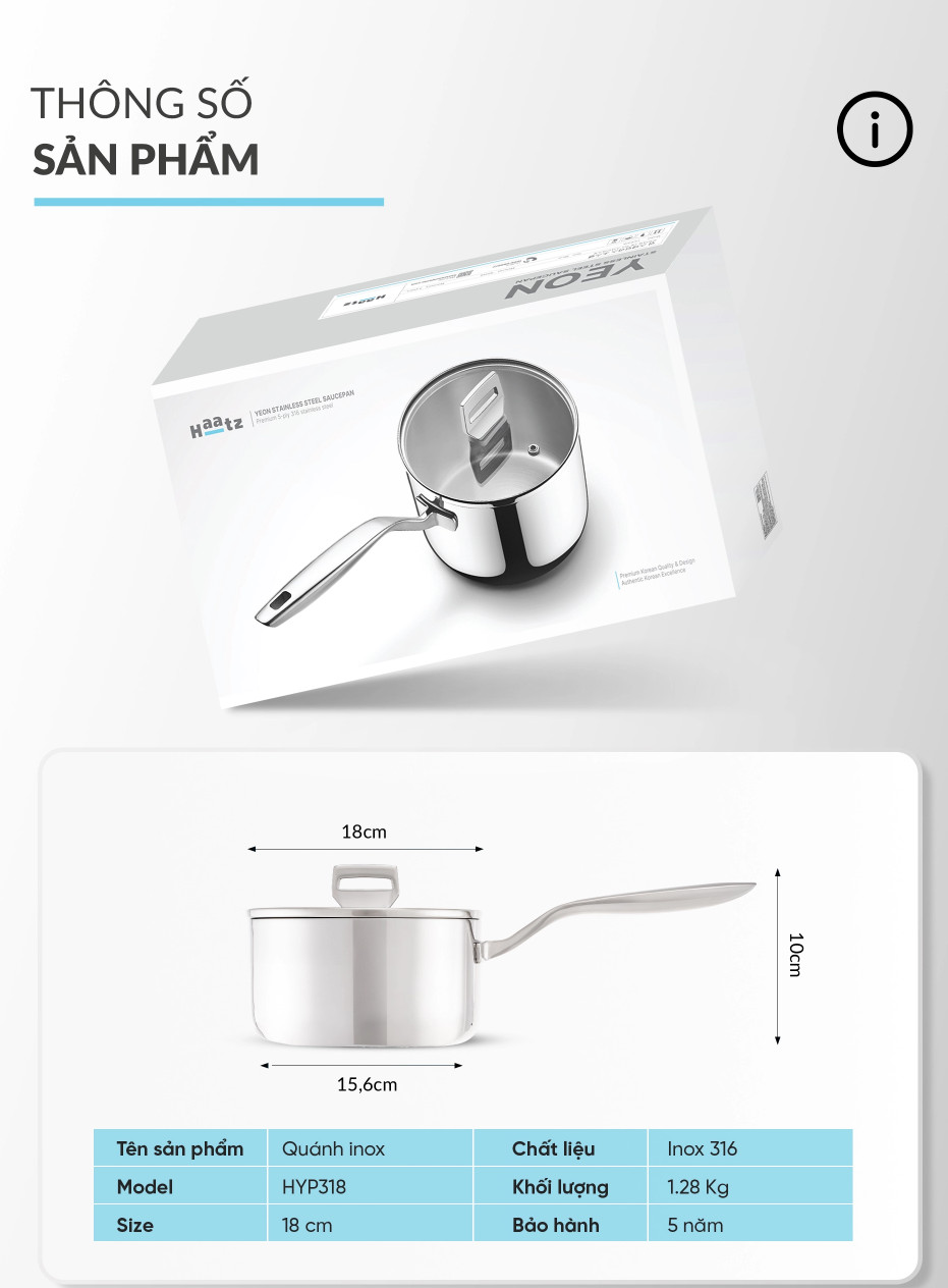 (Phiên Bản 2026) Quánh Yeon Inox316 Đúc Liền Khối Haatz HYP318 Size 18cm - Bảo Hành Chính Hãng 5 Năm