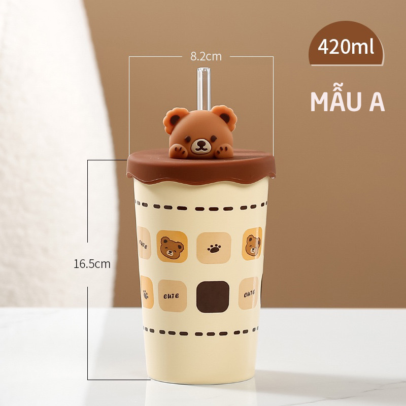 Ly Gốm Sứ Gấu dễ thương 420ML kèm Nắp silicon và Ống hút thủy tinh