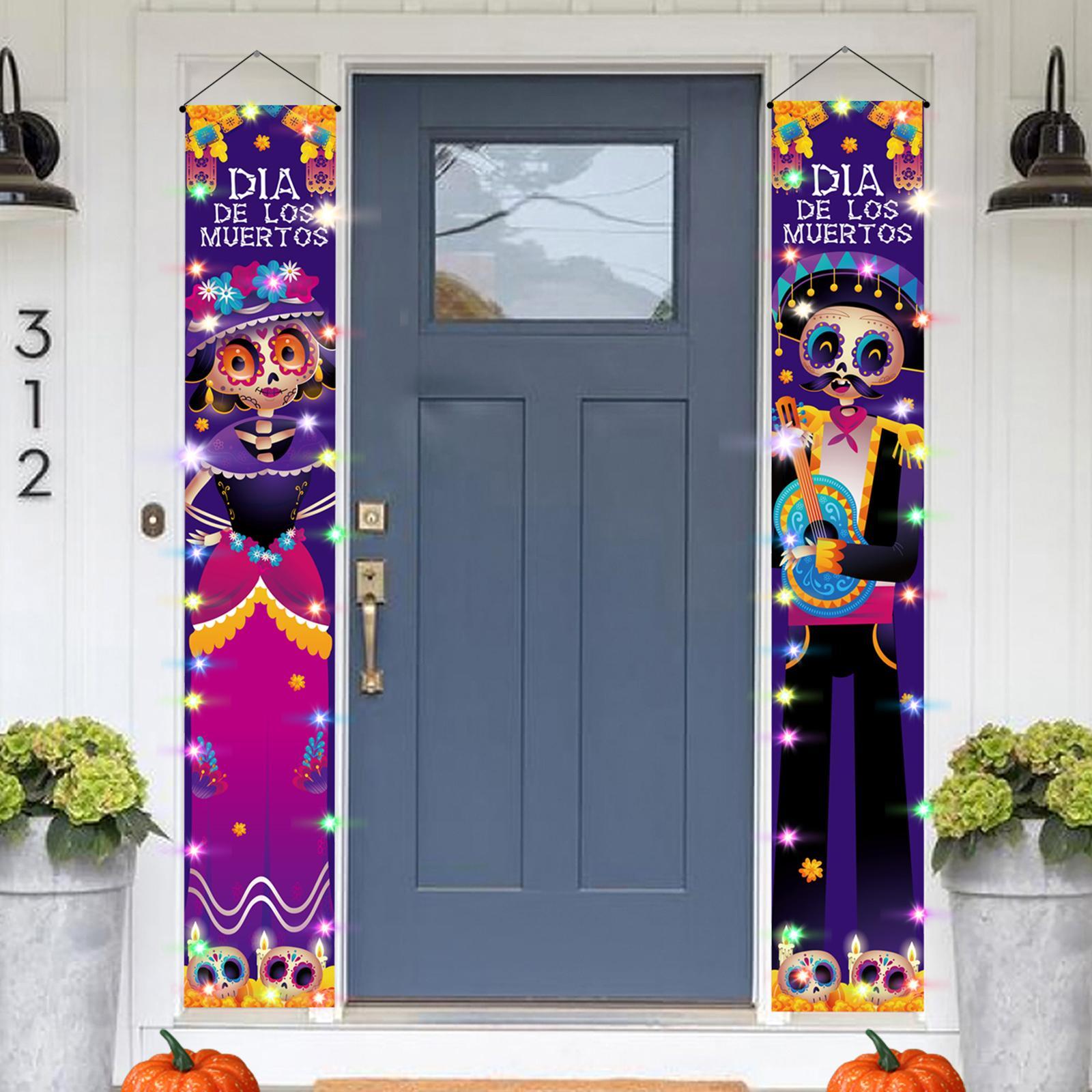 Halloween Banners Mexican Day of The Dead Flag Ornaments Holiday Hanging Banner Decorative Festival Halloween Decorations Lighted Porch Sign