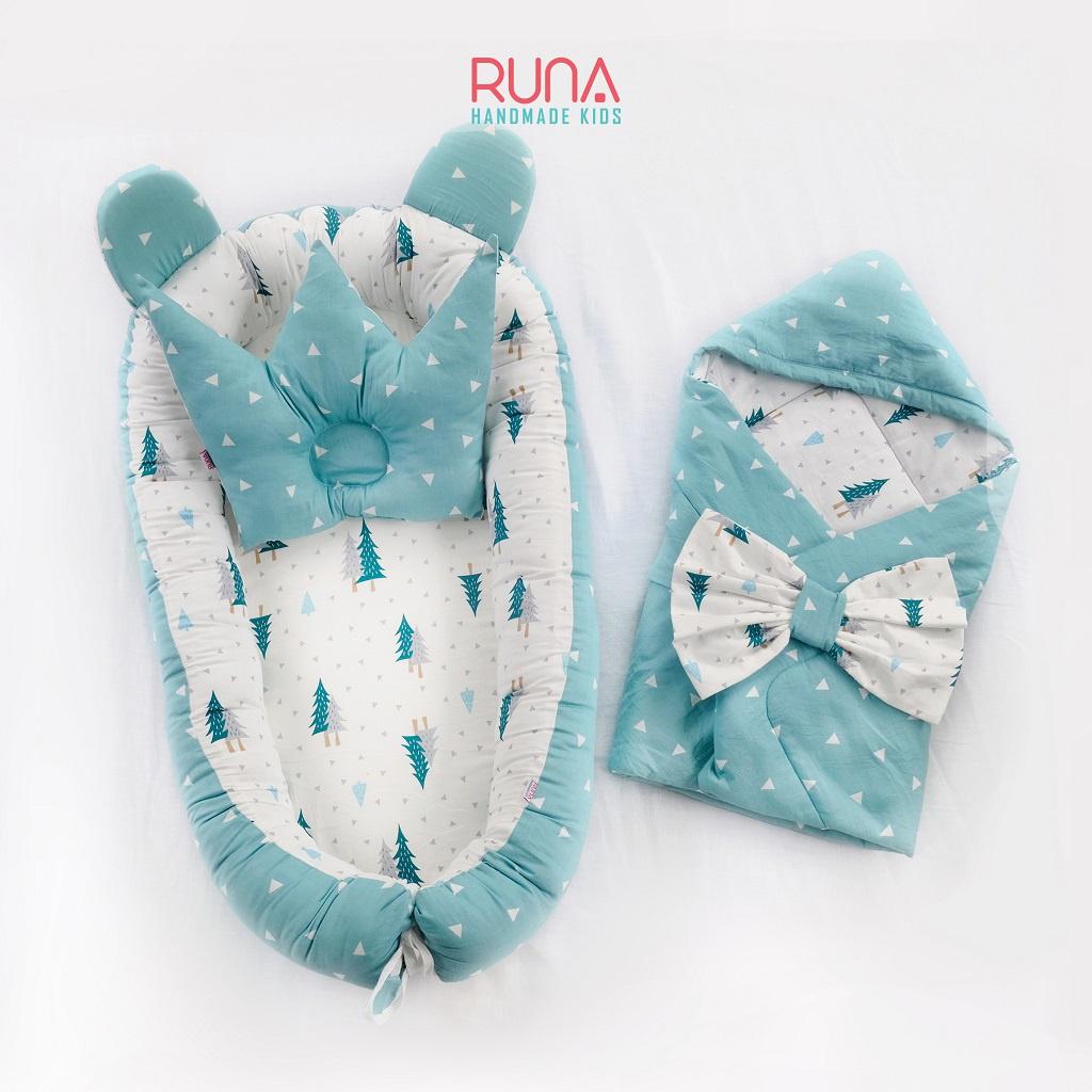 Combo nôi, gối chống bẹt đầu và chăn cho bé sơ sinh RUNA KIDS chất liệu Cotton Hàn 100%, mềm mịn, an toàn cho da bé