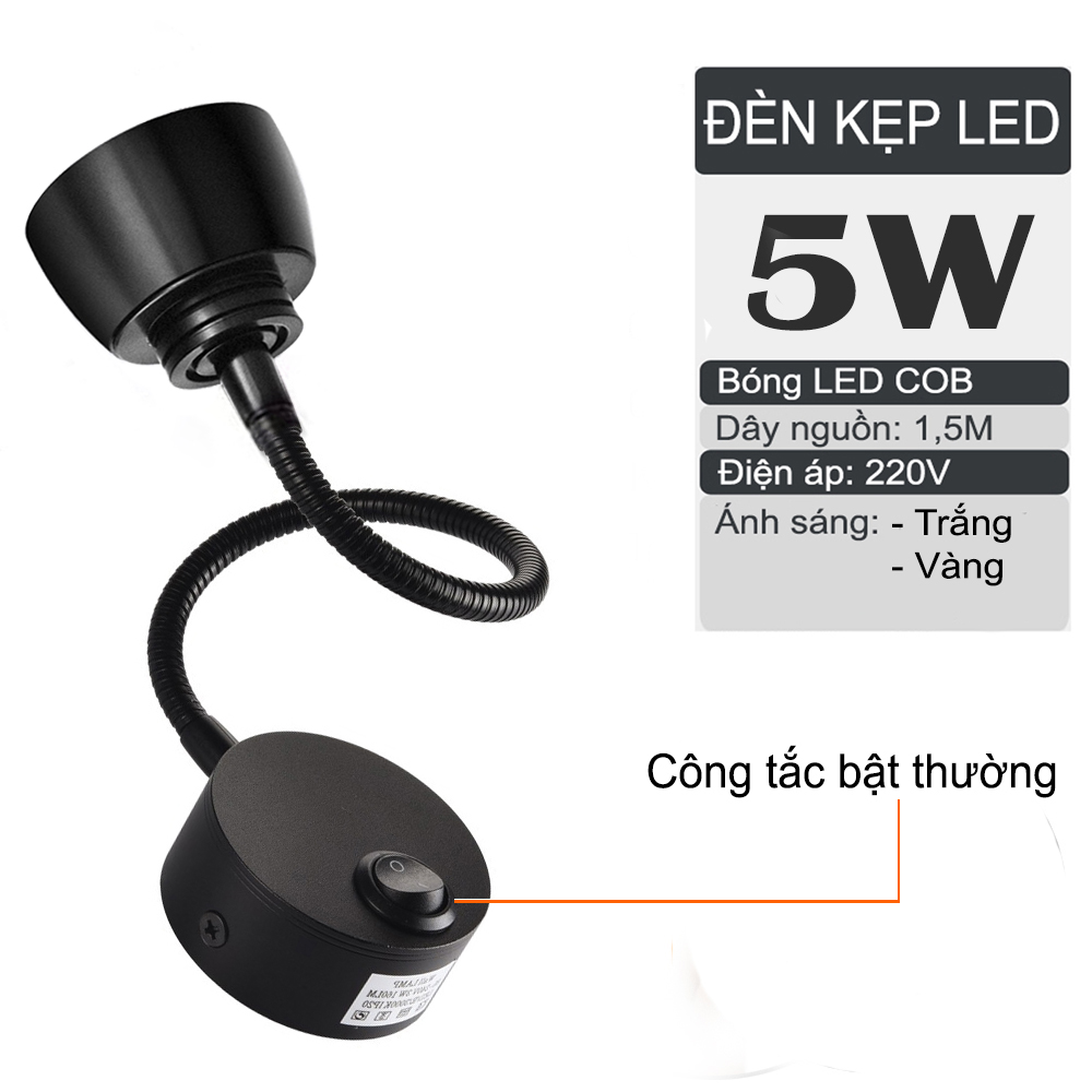 Đèn rọi đọc sách đầu giường Led 5W-220V, Loại gắn tường Ánh sáng chiếu rọi điểm