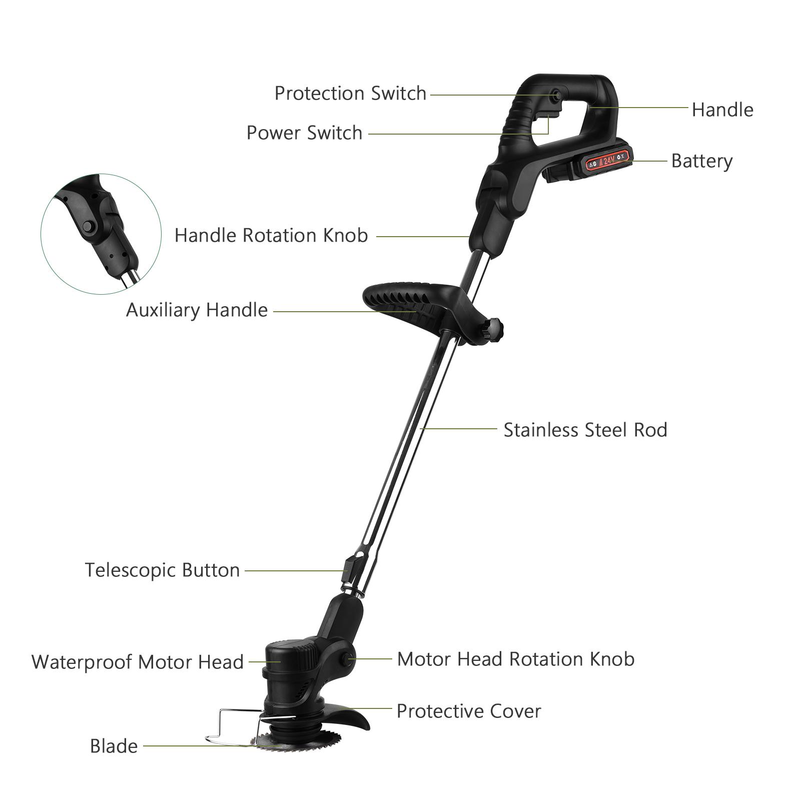 24VMáy cắt cỏ cầm tay không dây Telescopic Máy cắt cỏ điện 2 gói Pin sạc 7500mAh Bộ sạc nhanh Tông đơ dây điện đa chức năng với Lưỡi nhựa / Thép không gỉ, Lưỡi cưa tròn