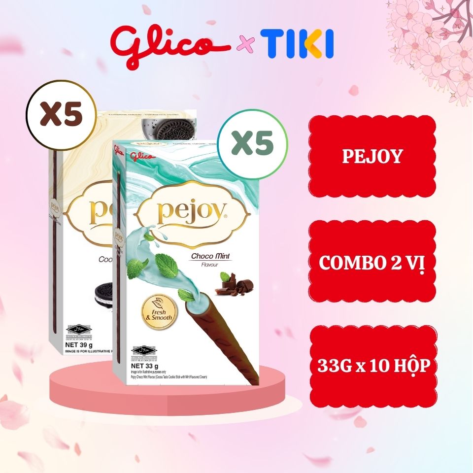 Bánh que nhân kem mix 2 vị cookie & cream socola bạc hà GLICO Pejoy ( Happy Set E 10 hộp - 5 cookie và 5 Choco Mint)