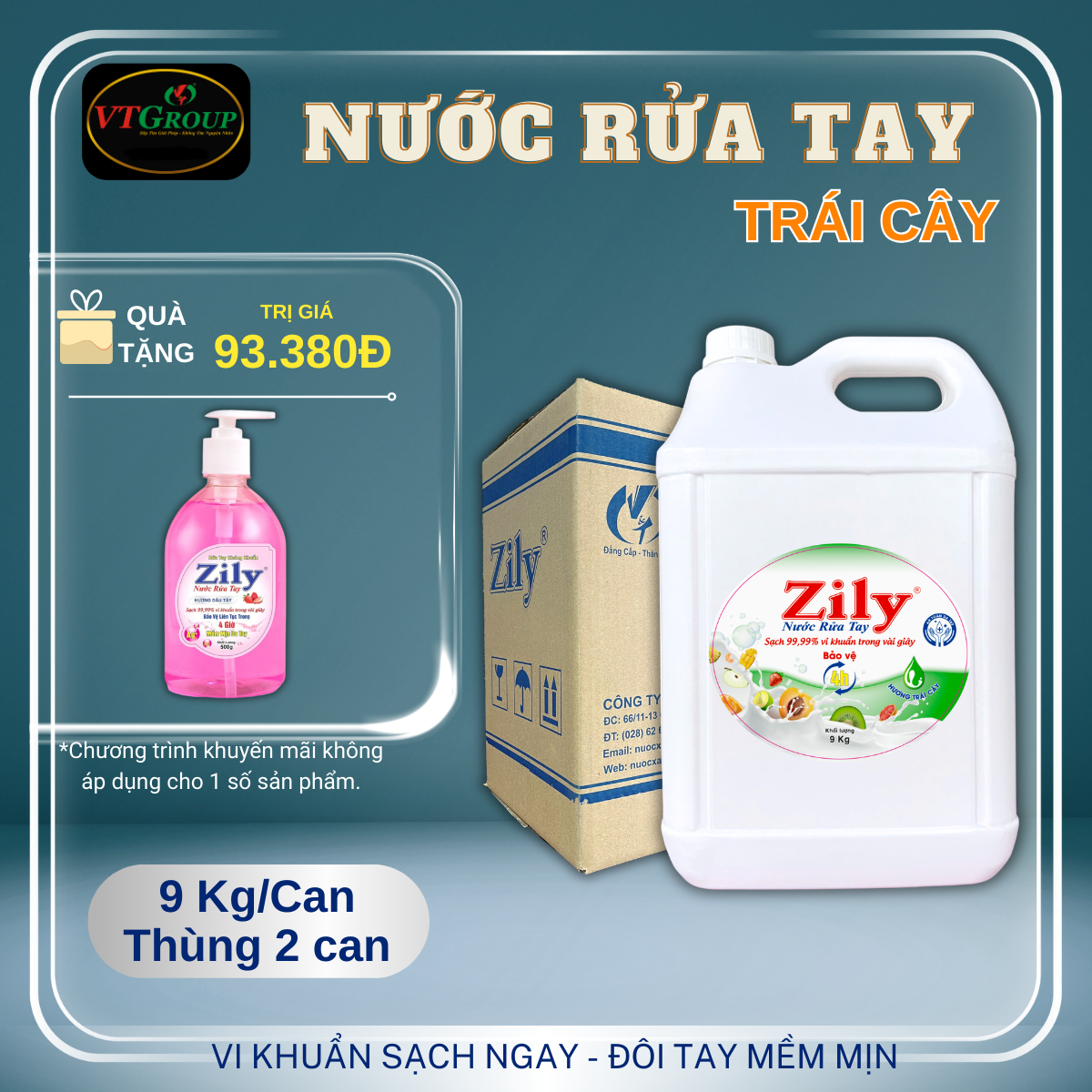 Nước Rửa Tay Zily Can 9Kg (2 Can/Thùng) - Tặng 1 Chai Nước Rửa Tay Zily 500Gr