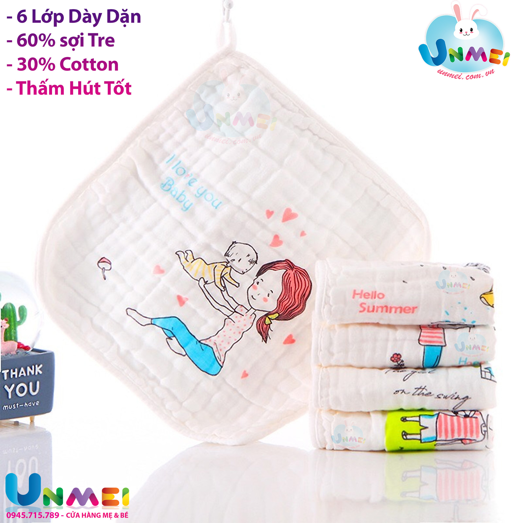 Khăn Sữa Unmei 6 lớp 30x30cm - Khăn Lau cho Bé - Khăn Vải Xô - Dày dặn - Thấm Hút Tốt - Màu Trắng Hoa văn ngẫu nhiên