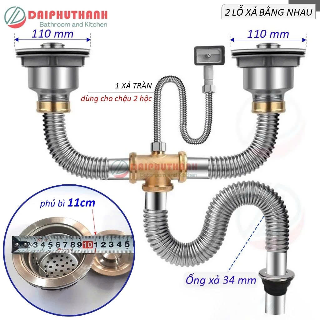 Bộ Xả Chậu Chén Xi Phông Inox 2 Hộc Phụ Kiện Thau Chịu Nhiệt Cao Thoát Nước Nhanh - Lỗ xả bằng nhau phi 110 (lọt lòng 90)