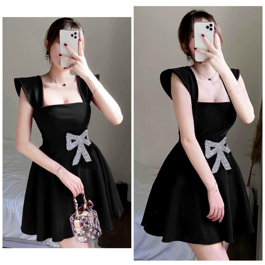 Đầm 2 dây đỏ ngắn xòe tay tiên đính đá nơ eo 2m dự tiệc cưới chơi noel chúc Tết