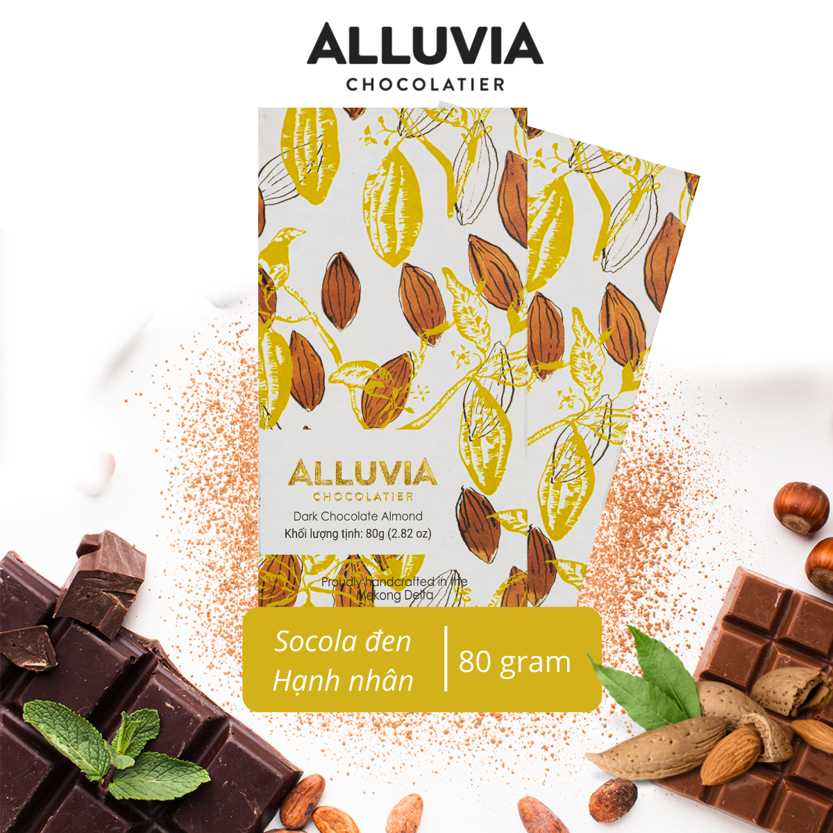 Hình ảnh Socola Đen Hạnh Nhân Thanh Lớn 80 gram, Nguyên Chất, Đắng Vừa | Dark Chocolate Almond Alluvia