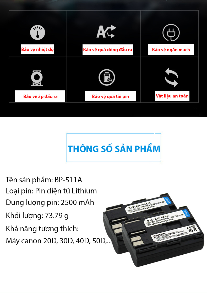 Pin for BP-511A dung lượng cao 2500mAh dành cho máy ảnh Canon 10D, 20D, 30D, 40D, 50D, 5D, 300D