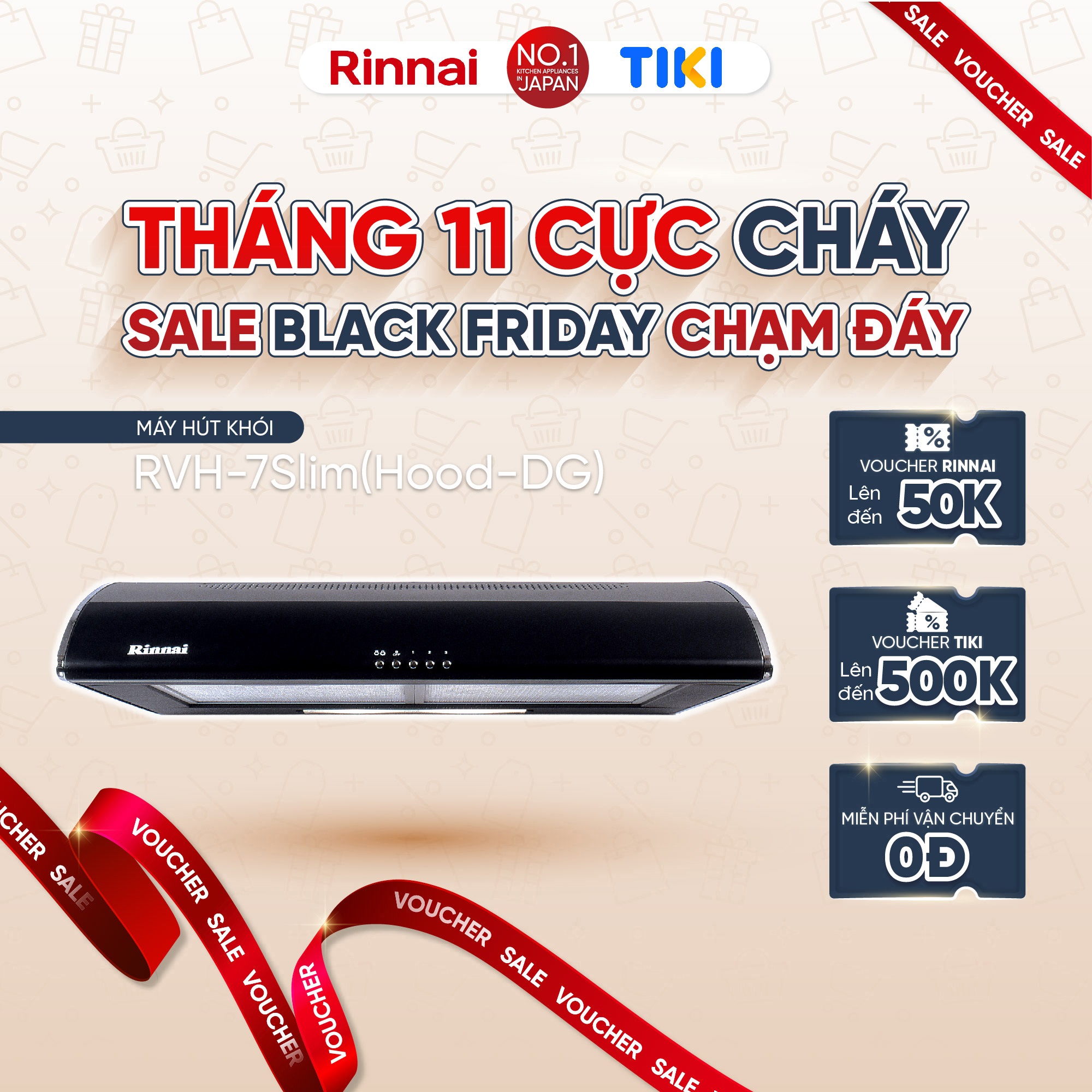 Máy hút mùi 70cm Rinnai RVH-7Slim(Hood-DG) than hoạt tính và ống thoát 380W - Hàng chính hãng.