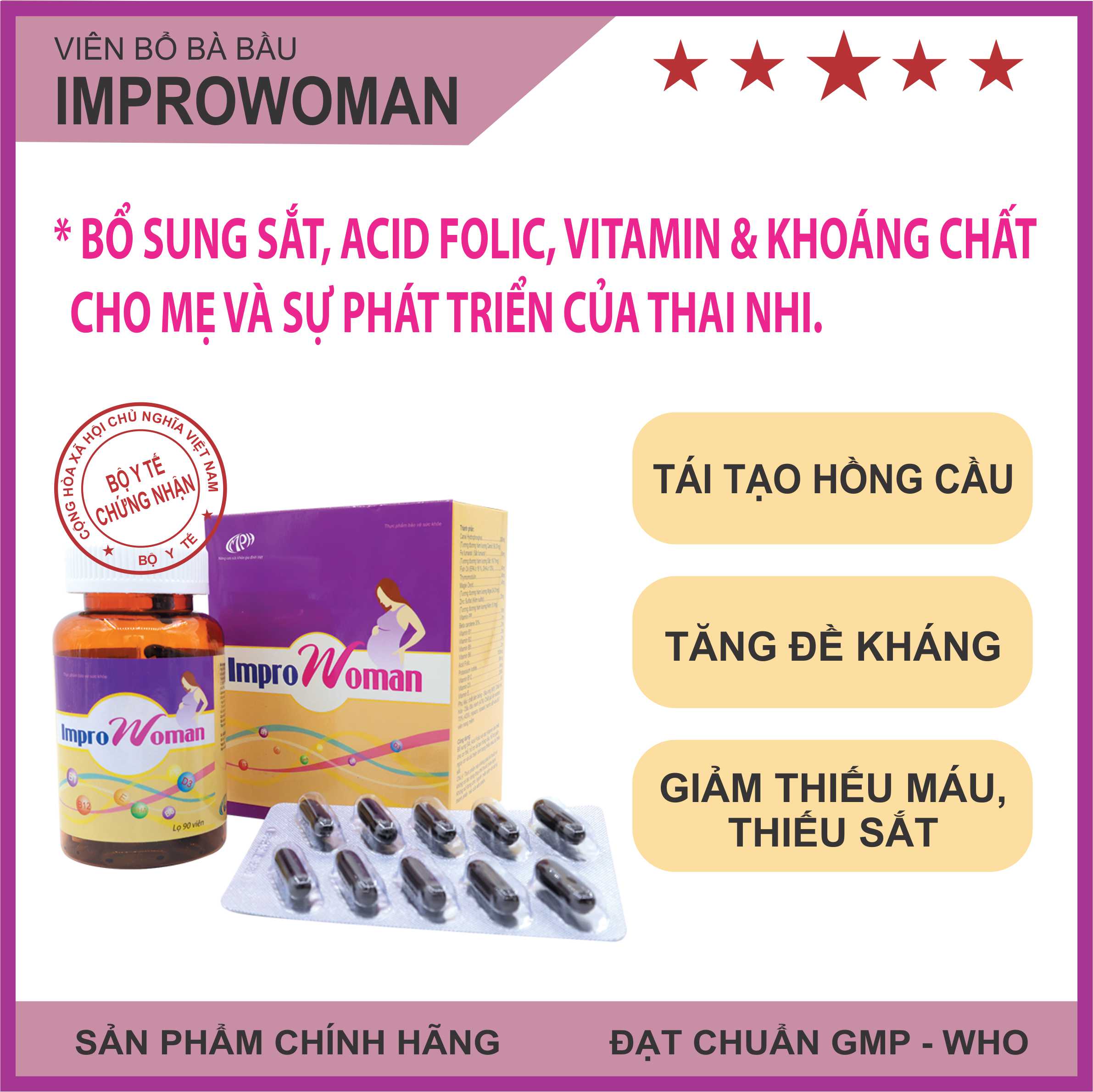 Viên bổ bà bầu ImproWoman - Bổ sung canxi, sắt, DHA, EPA, Magie, Kẽm cùng các vitamin và khoáng chất giúp bồi bổ cho cả mẹ và thai nhi. Lọ 90 viên. SP đạt chuẩn GMP – WHO.