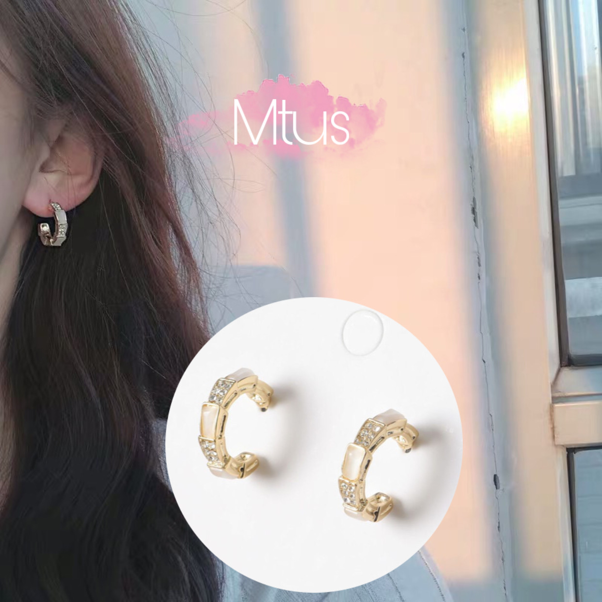 Khuyên tai chữ c đính đá phong cách vintage hàn quốc