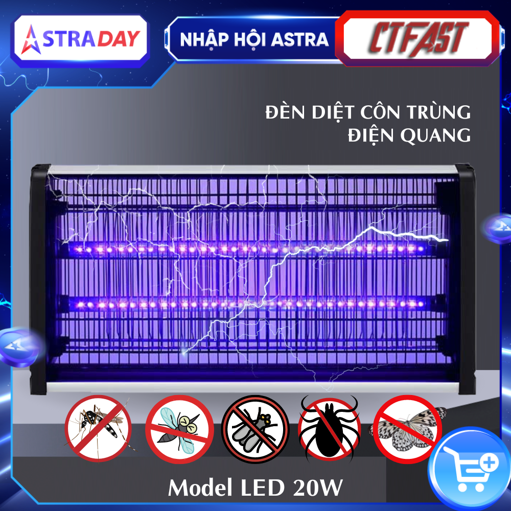 Đèn Bắt Muỗi Và Các Loại Côn Trùng Điện Quang Cao Cấp Ctfast 02 - Máy Diệt Ruồi Tự Động Bằng Sóng Ánh Sáng, Điện Cao Áp Thiết Kế Lưới Bảo Vệ An Toàn Hoạt Động Êm Ái, Sử Dụng Tại Nhà, Cơ Quan Trường Học.. - Model Led - 20W