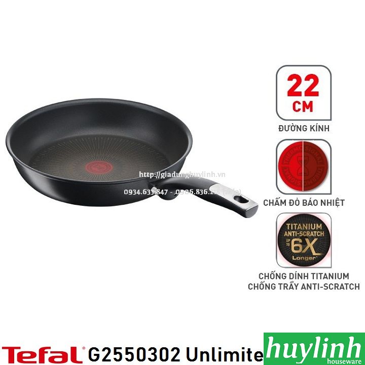 Chảo chiên chống dính đáy từ Tefal Unlimited 22cm dùng cho mọi loại bếp - Sản xuất tại Pháp - G2550302 - Hàng chính hãng