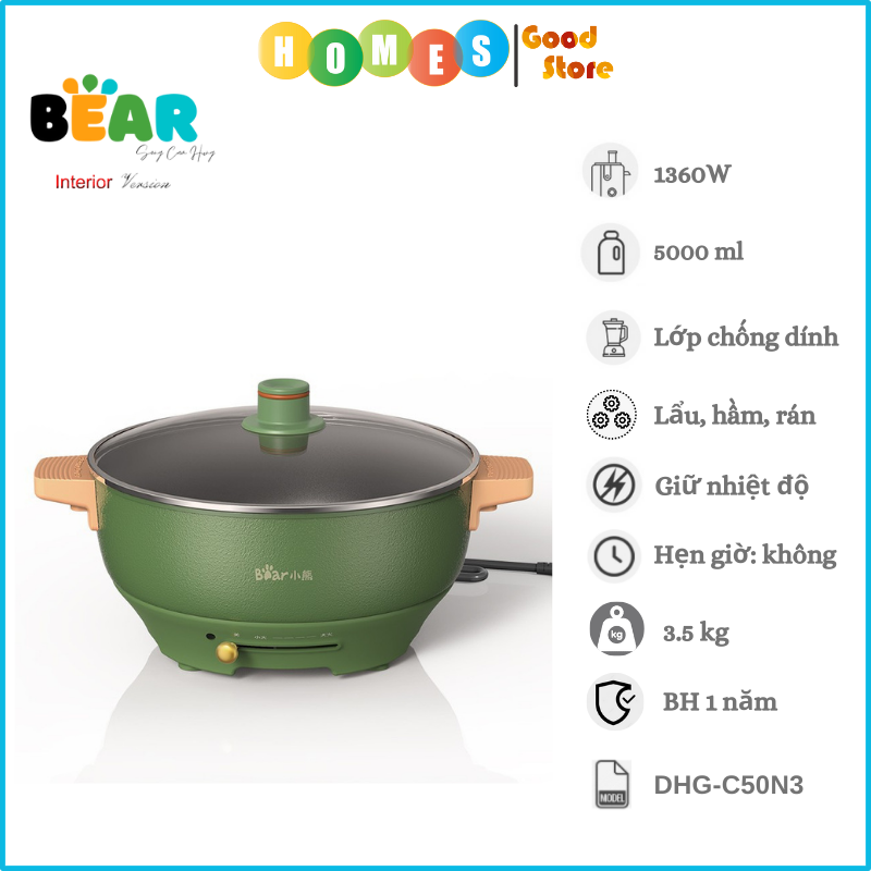 Nồi Lẩu Điện Đa Năng BEAR DHG-C50N3 Dung Tích 5 Lít Công Suất 1500 W - Hàng Chính Hãng