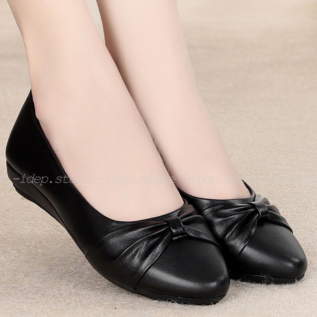 Giày búp bê nơ nhựa dẻo nữ giả da cao 3cm đi mưa chống trơn iDÉP- GL073