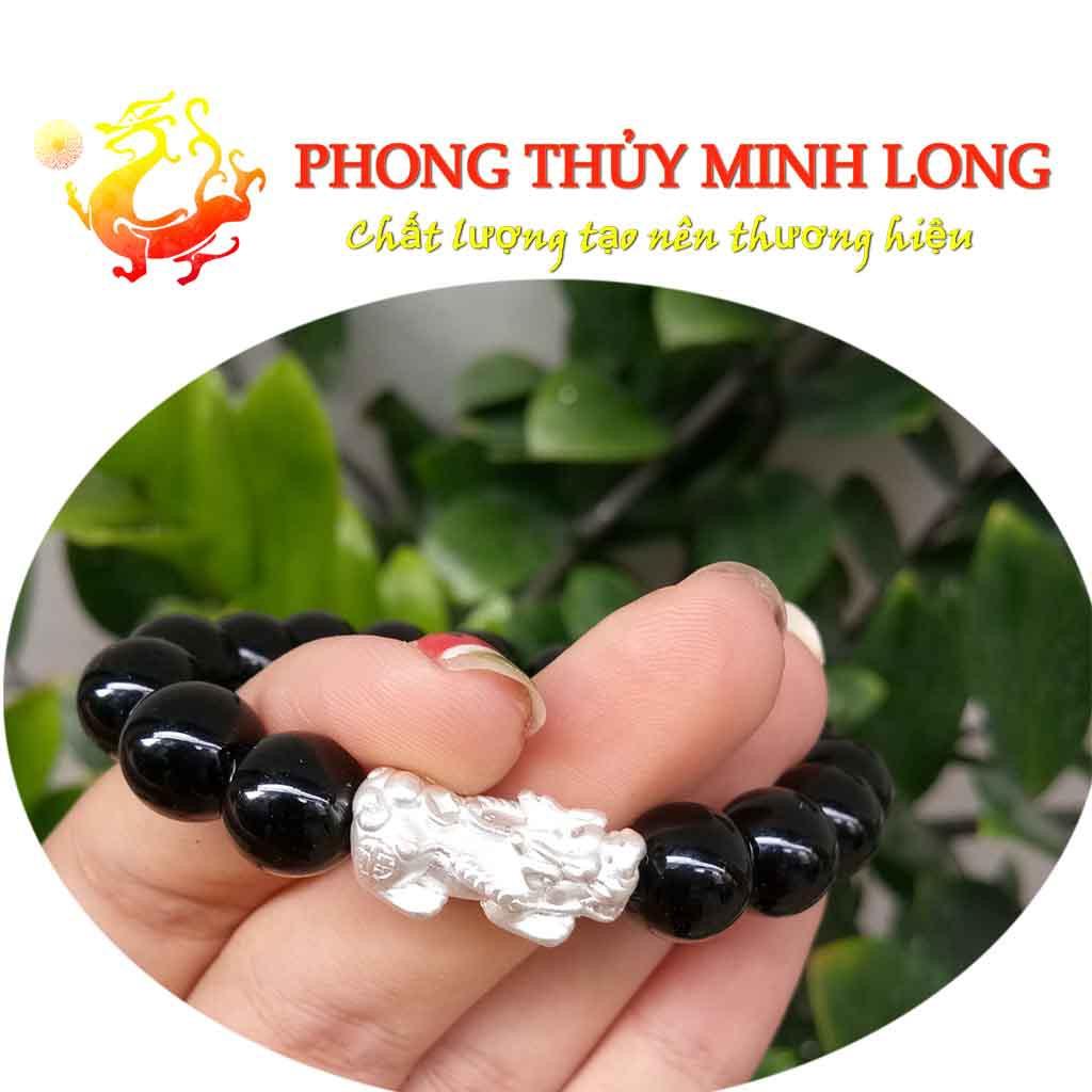 Vòng tay đá Mã Não Đen chất lượng 3A mix tỳ hưu bằng Bạc hợp mệnh Thủy và Mộc