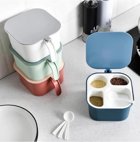 Hộp Đựng Gia Vị 4 Ngăn Có Nắp Đậy , Quai Xách Tiện Dụng