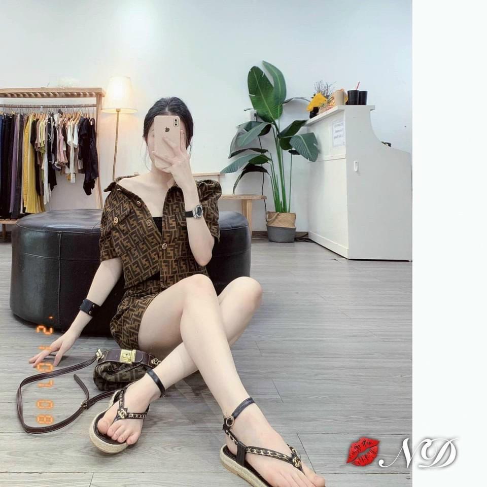 Sét váy nữ áo cổ sen tay ngắn phối nút mix chân váy chữ A họa tiết xinh xắn thời trang nữ công sở, dạo phố
