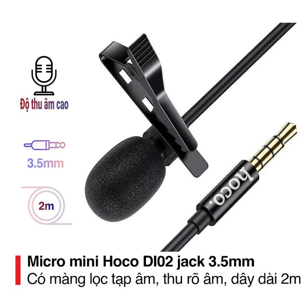 Microphone mini kẹp áo jack 3.5mm Hoco DI02 màng lọc âm khử tiếng ồn , thu âm nhạy dây dài 2m - Hàng chính hãng