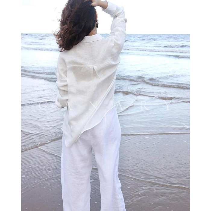Set bộ áo sơ mi dài tay Linen Tưng Premium kèm quần ống rộng trẻ trung  (Áo trắng + Quần trắng)