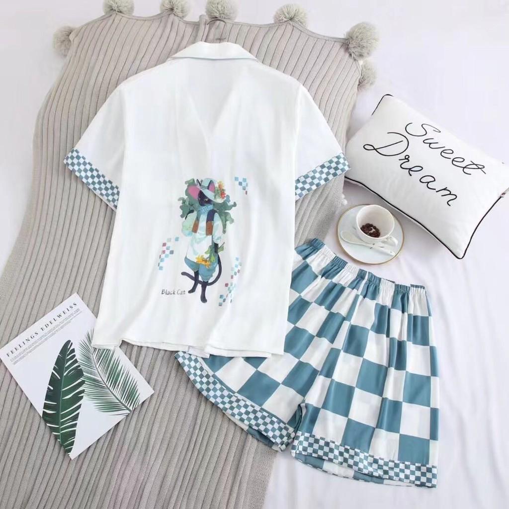 Bộ đồ ngủ lụa Pijama cộc tay cao cấp họa tết kẻ caro