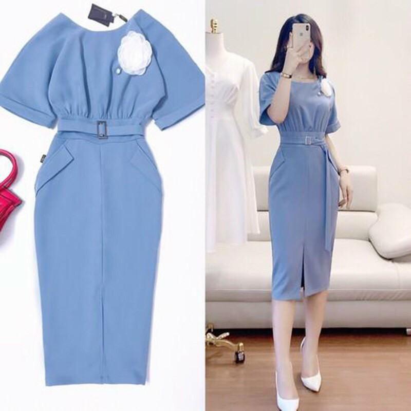 Đầm body tay phồng cài bông kèm dây nịt thời trang công sở thanh lịch